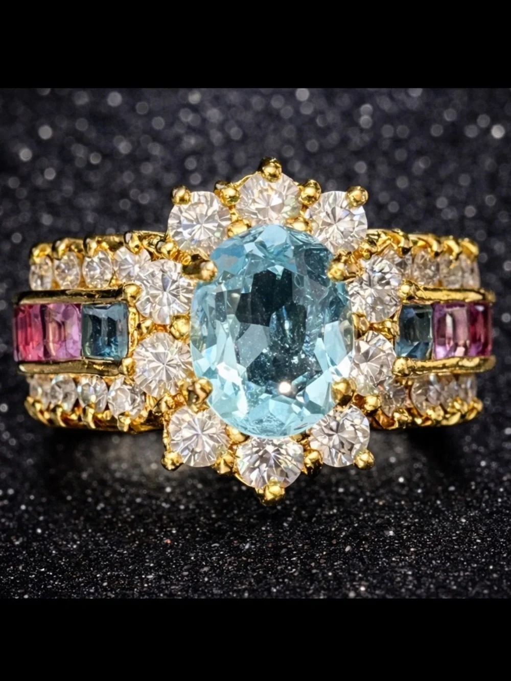 Suzanne Somers vintage blue topaz amethyst garnet gemstone CZ cocktail band ring